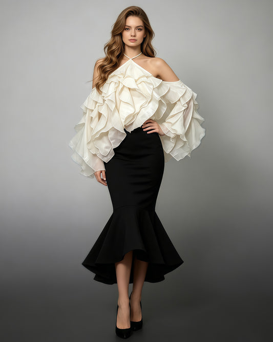 Beige Halter Neck Ruffled Chiffon Blouse