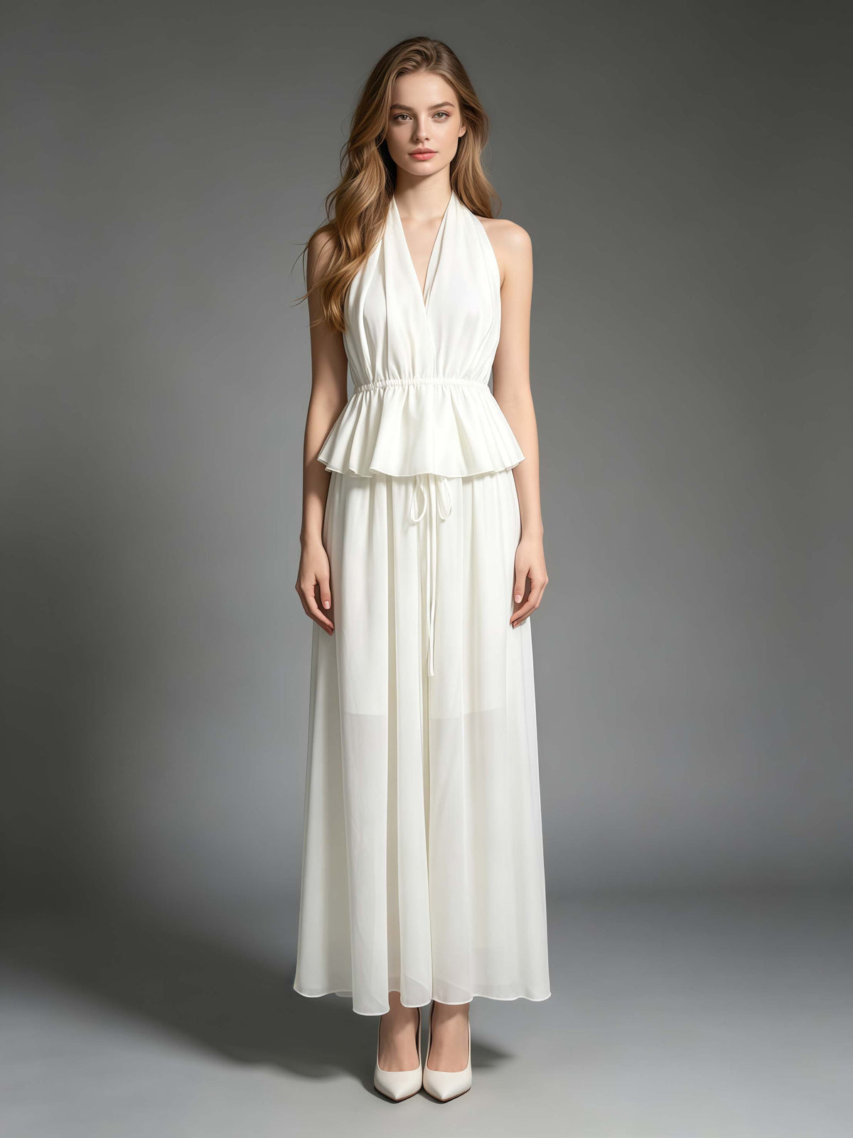 White Halter Peplum Top Flowy Maxi Pants Set