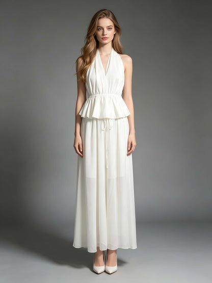 White Halter Peplum Top Flowy Maxi Pants Set