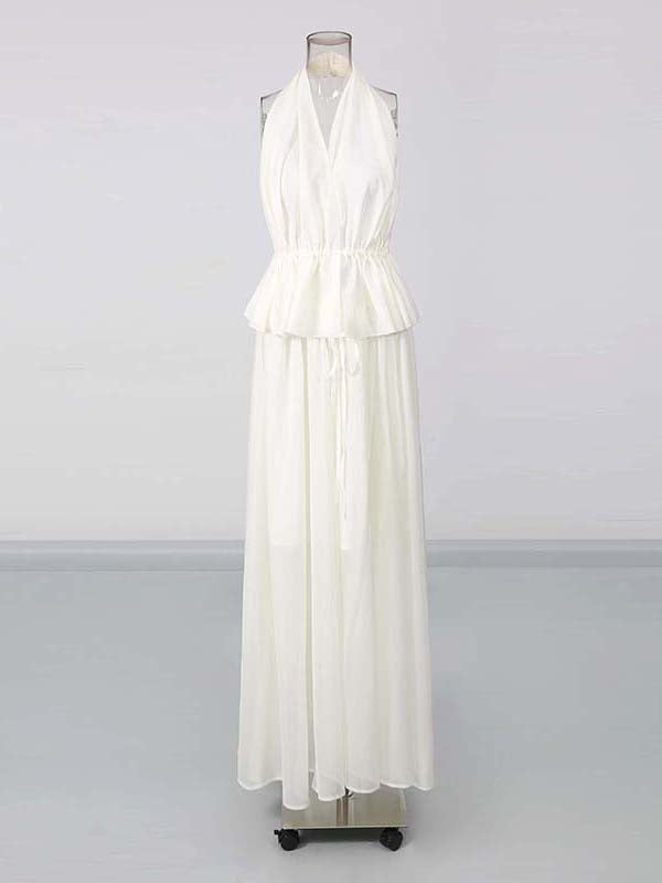 White Halter Peplum Top Flowy Maxi Pants Set