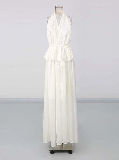 White Halter Peplum Top Flowy Maxi Pants Set