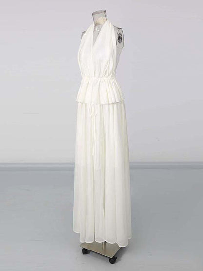 White Halter Peplum Top Flowy Maxi Pants Set