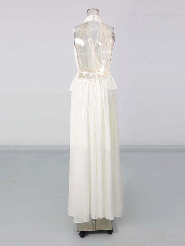 White Halter Peplum Top Flowy Maxi Pants Set