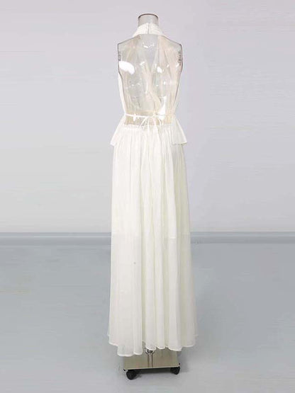 White Halter Peplum Top Flowy Maxi Pants Set