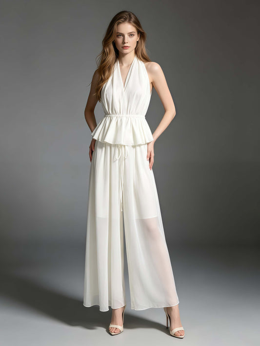 White Halter Peplum Top Flowy Maxi Pants Set