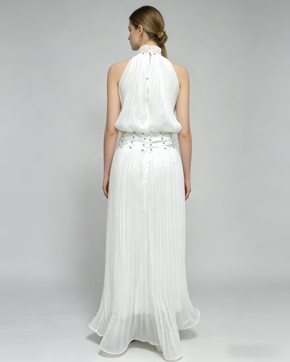 White Halter Pleated Maxi Dress with Studded Waist