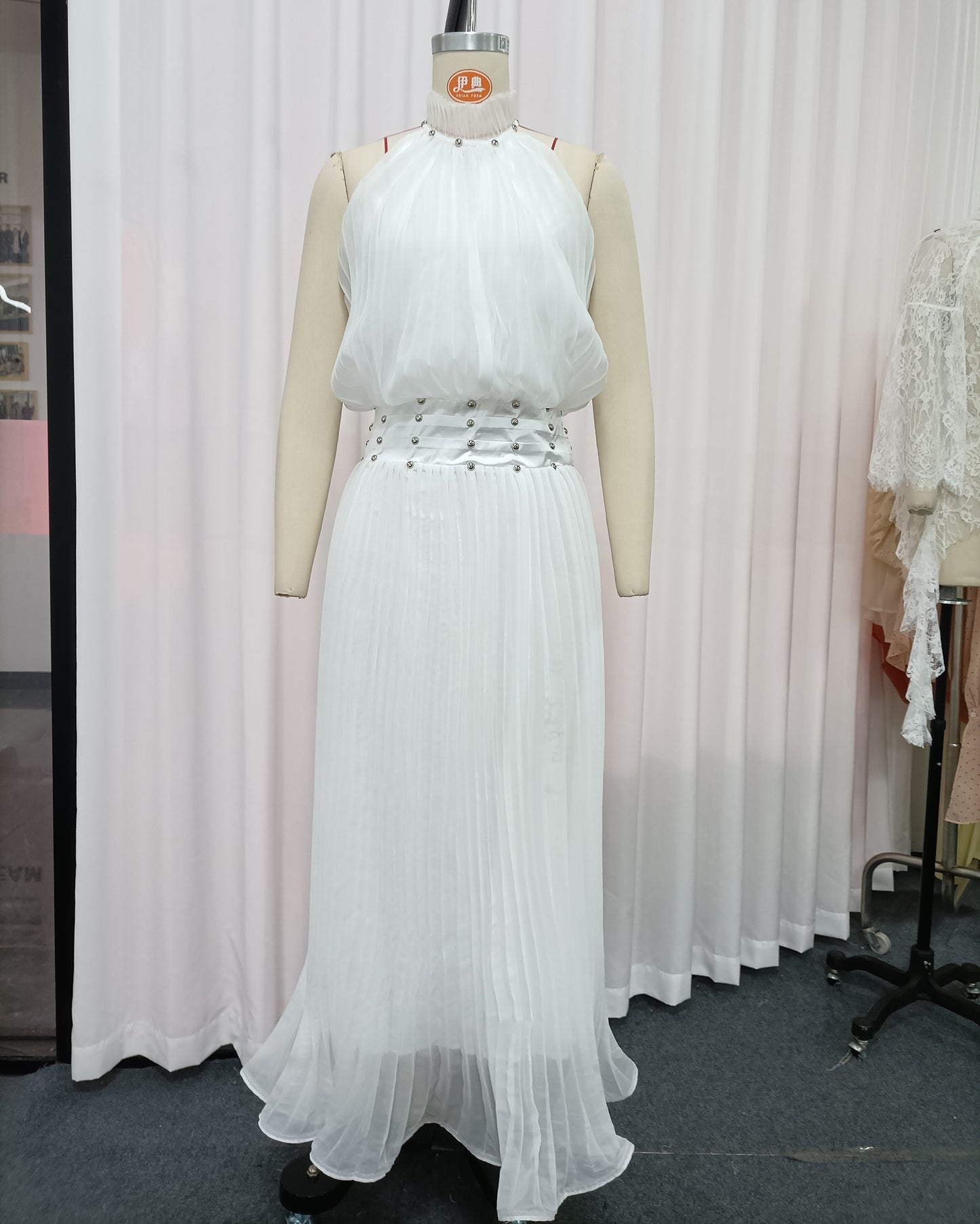 White Halter Pleated Maxi Dress with Studded Waist