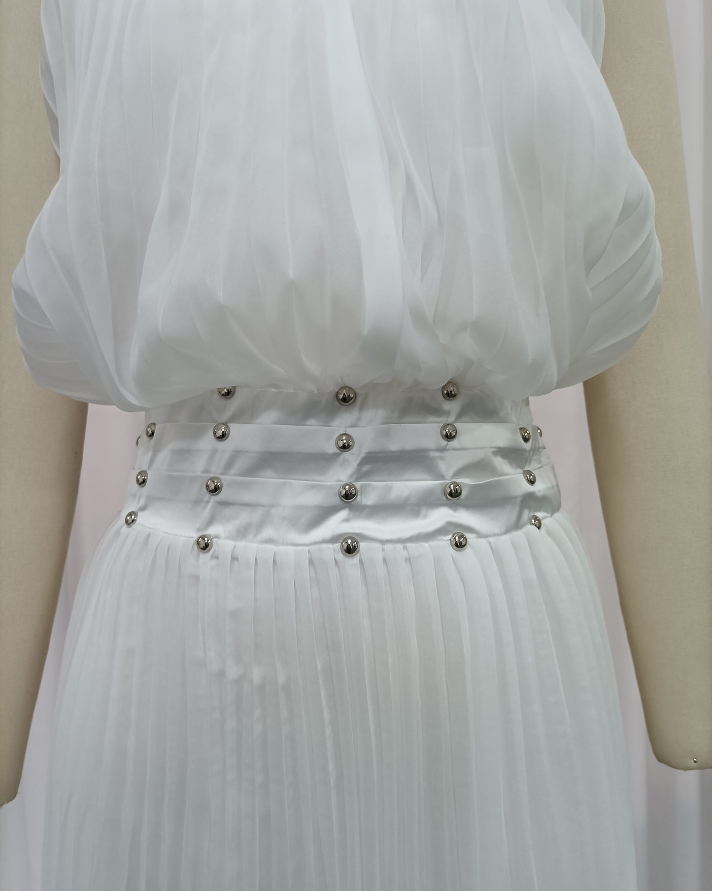 White Halter Pleated Maxi Dress with Studded Waist