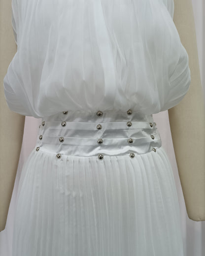 White Halter Pleated Maxi Dress with Studded Waist