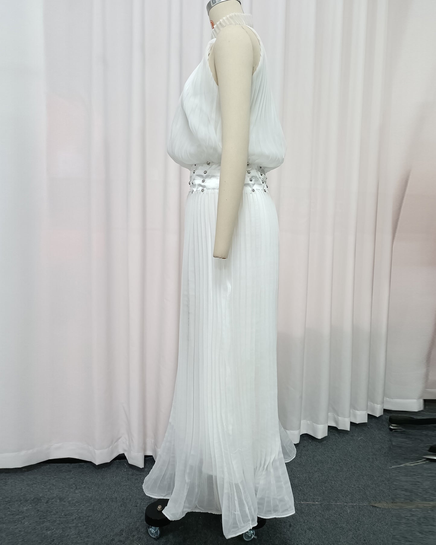 White Halter Pleated Maxi Dress with Studded Waist