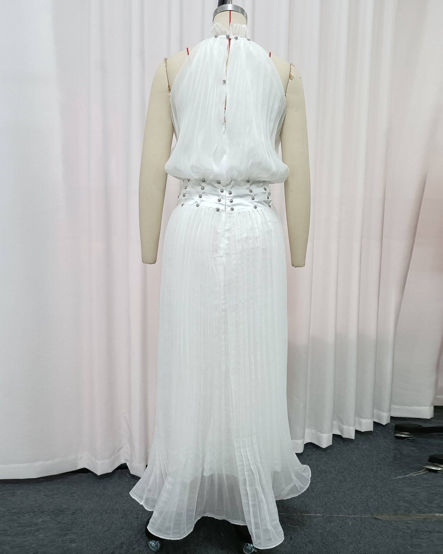 White Halter Pleated Maxi Dress with Studded Waist
