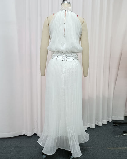 White Halter Pleated Maxi Dress with Studded Waist