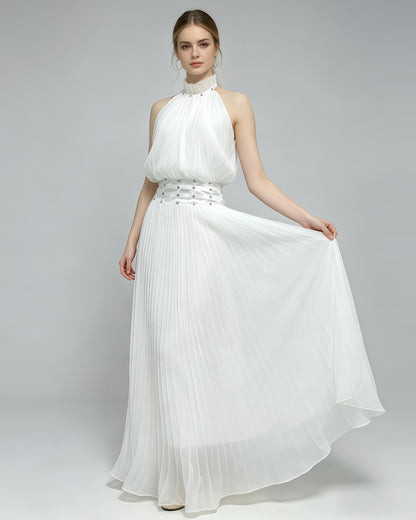 White Halter Pleated Maxi Dress with Studded Waist