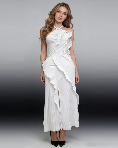 White Halter Ruffle Slit Midi Dress
