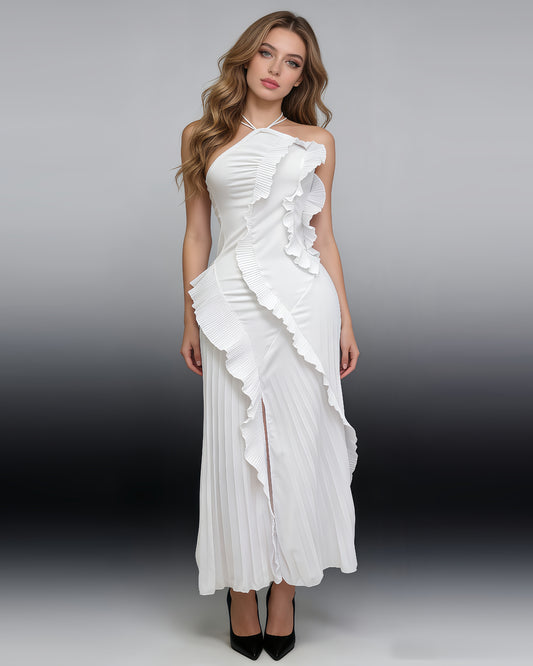 White Halter Ruffle Slit Midi Dress