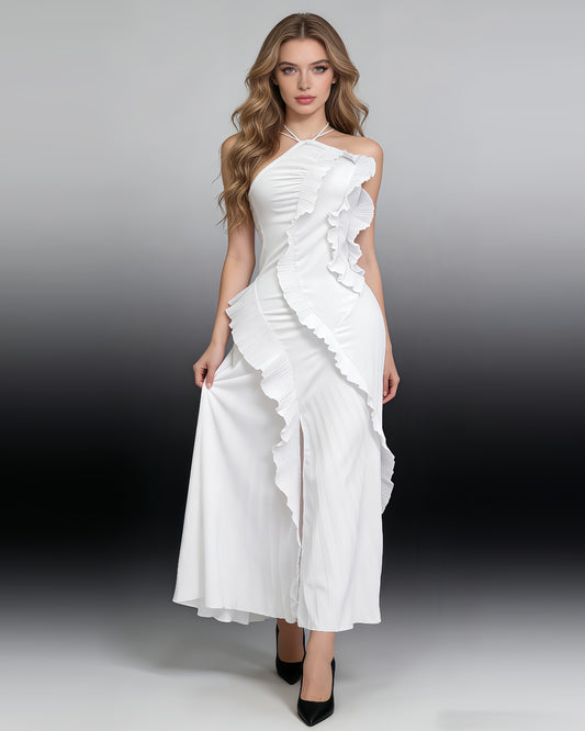 White Halter Ruffle Slit Midi Dress