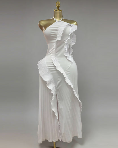 White Halter Ruffle Slit Midi Dress