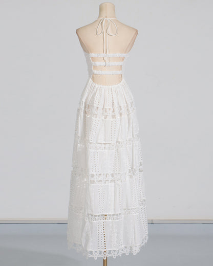 White Halter Tiered Lace Maxi Dress
