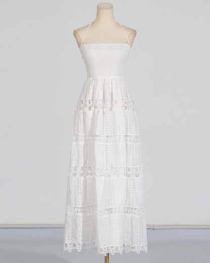 White Halter Tiered Lace Maxi Dress
