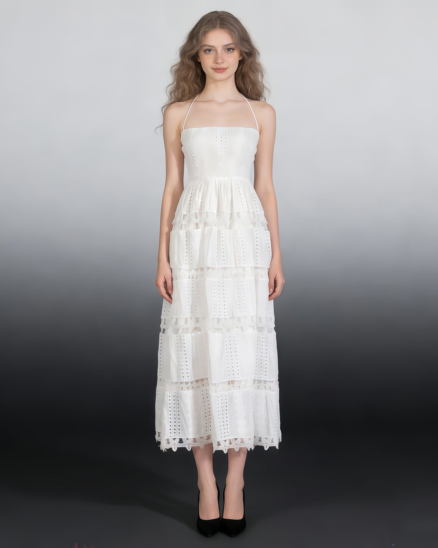 White Halter Tiered Lace Maxi Dress