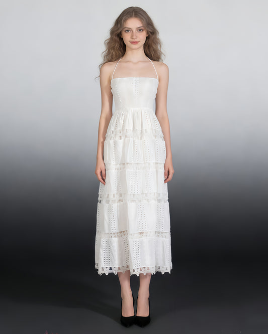 White Halter Tiered Lace Maxi Dress