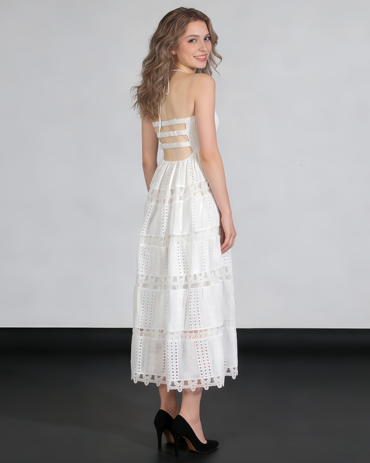 White Halter Tiered Lace Maxi Dress