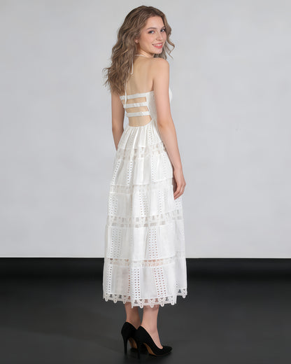 White Halter Tiered Lace Maxi Dress