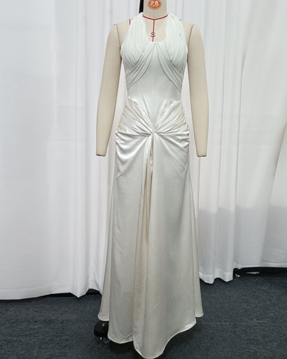 White Halter Twist Knot Shimmer Maxi Dress