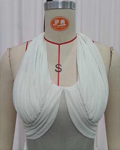 White Halter Twist Knot Shimmer Maxi Dress