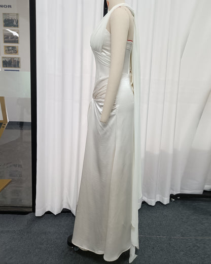 White Halter Twist Knot Shimmer Maxi Dress