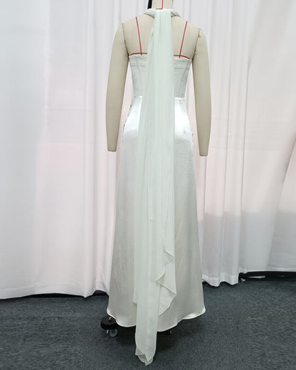 White Halter Twist Knot Shimmer Maxi Dress
