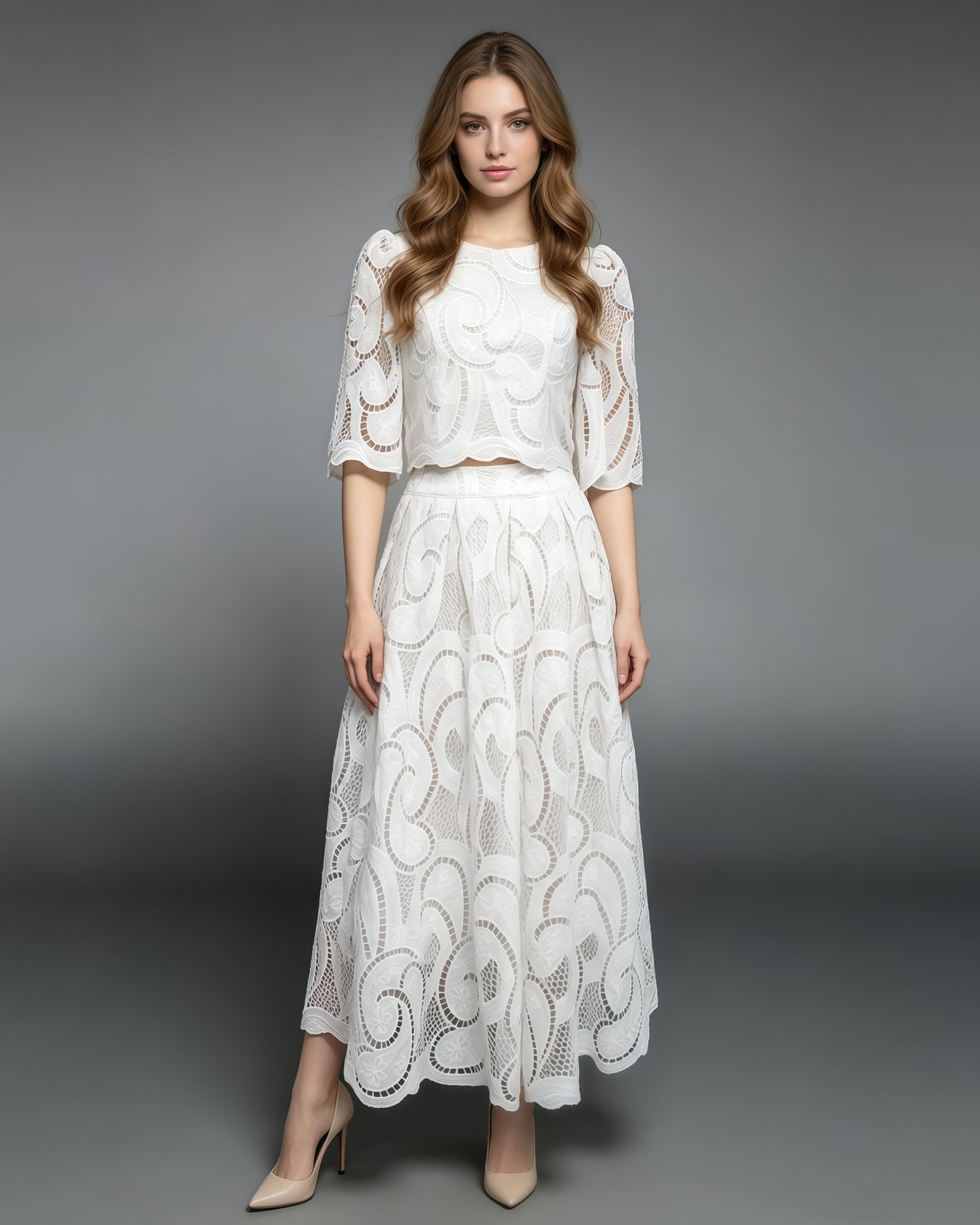White Heavy Lace Top A-Line Skirt Set