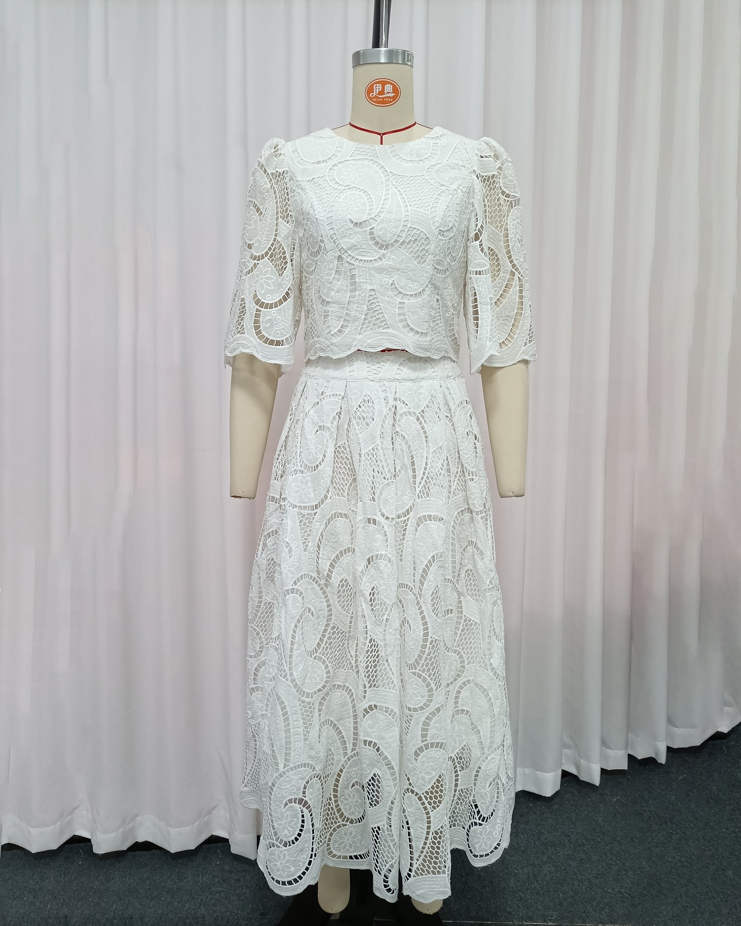 White Heavy Lace Top A-Line Skirt Set