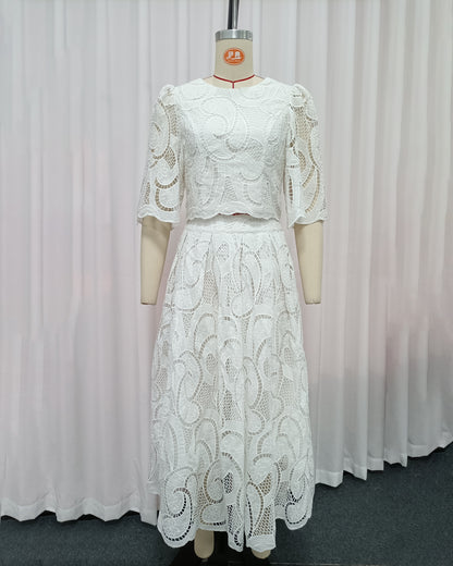 White Heavy Lace Top A-Line Skirt Set