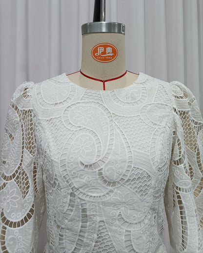 White Heavy Lace Top A-Line Skirt Set