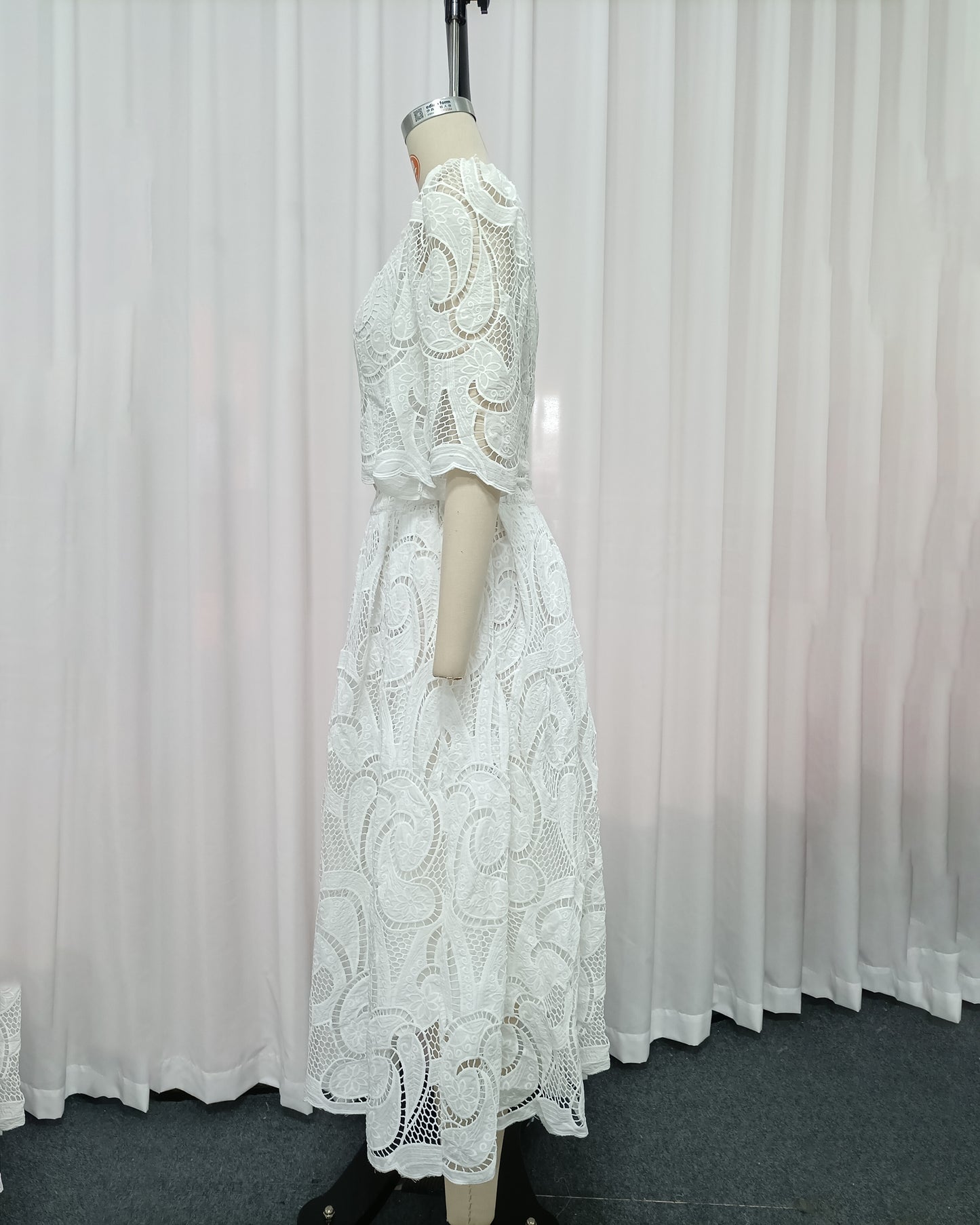White Heavy Lace Top A-Line Skirt Set