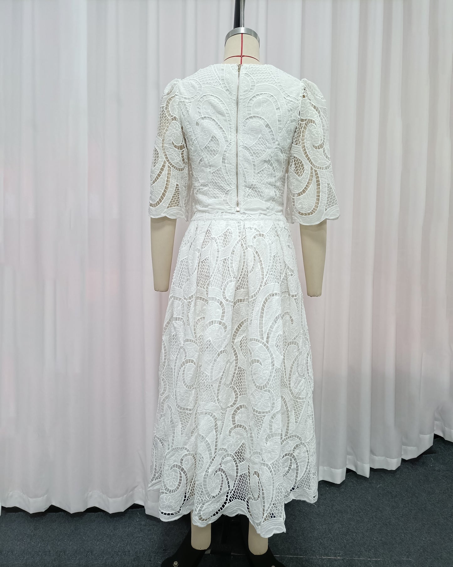 White Heavy Lace Top A-Line Skirt Set