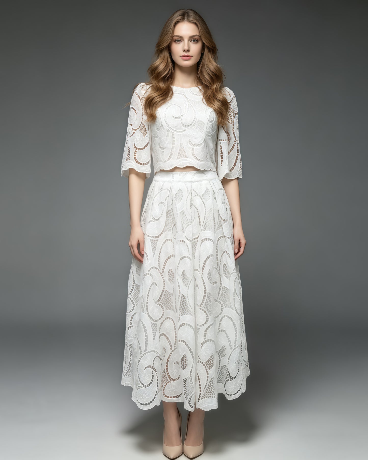 White Heavy Lace Top A-Line Skirt Set