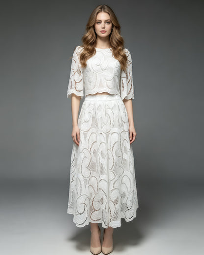 White Heavy Lace Top A-Line Skirt Set