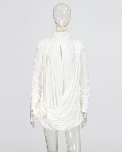 White High-Neck Draped Dress