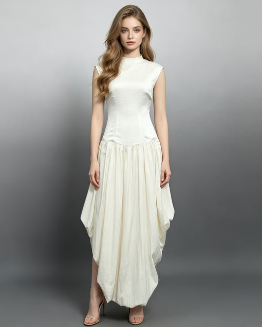 Beige High-Neck Sleeveless Asymmetric Balloon Dress