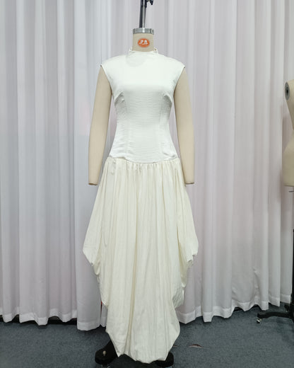 Beige High-Neck Sleeveless Asymmetric Balloon Dress
