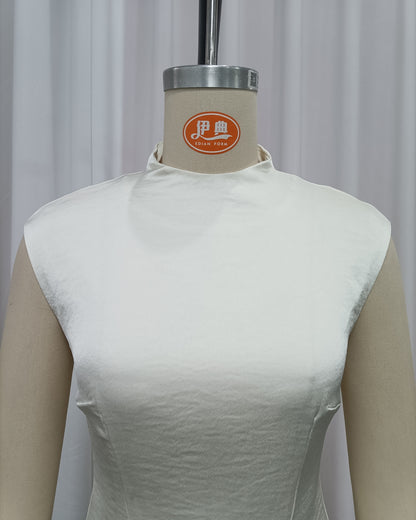Beige High-Neck Sleeveless Asymmetric Balloon Dress