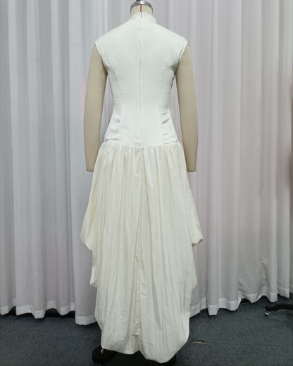 Beige High-Neck Sleeveless Asymmetric Balloon Dress