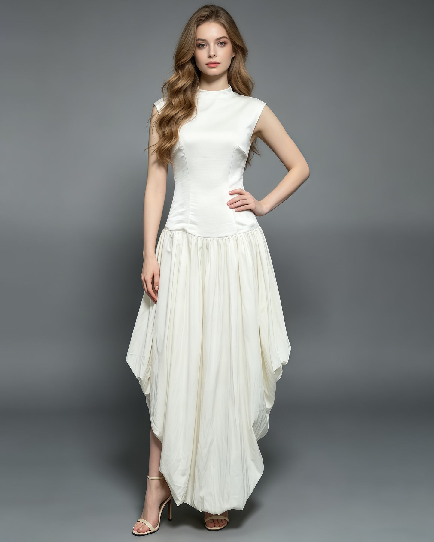 Beige High-Neck Sleeveless Asymmetric Balloon Dress