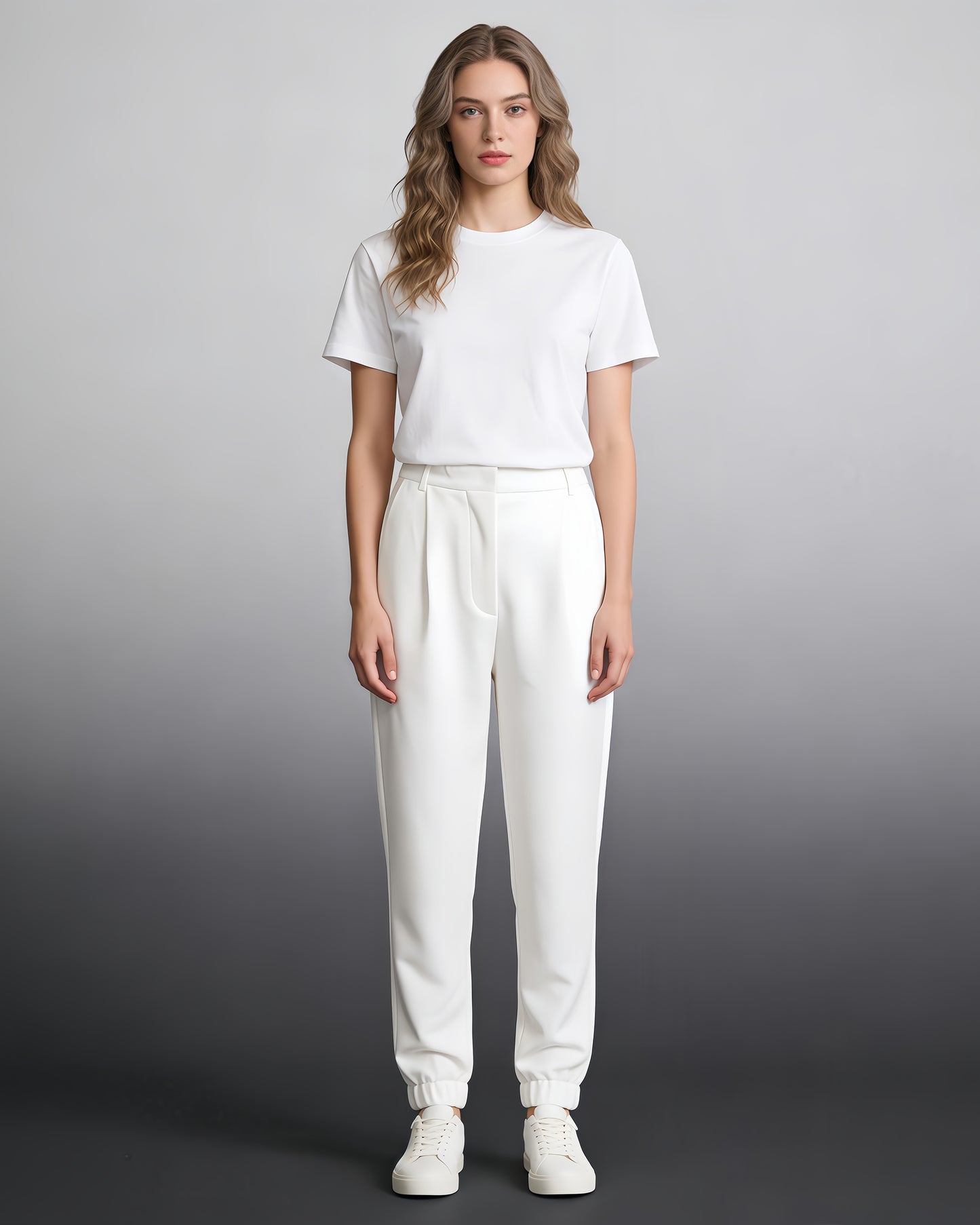 White High-Waisted Tapered Cuff Pants