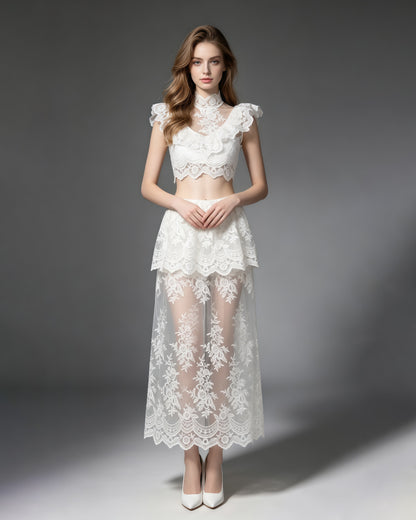 White High Neck Crop Top & Sheer Maxi Skirt Lace Set