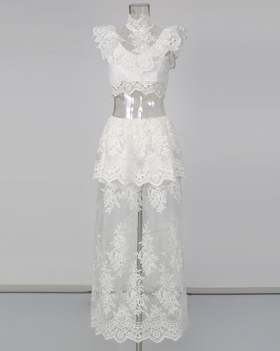 White High Neck Crop Top & Sheer Maxi Skirt Lace Set