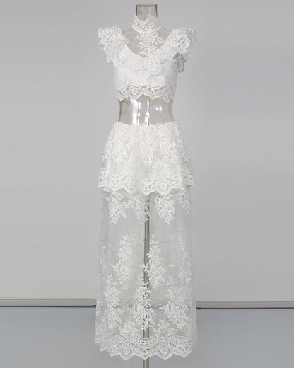White High Neck Crop Top & Sheer Maxi Skirt Lace Set