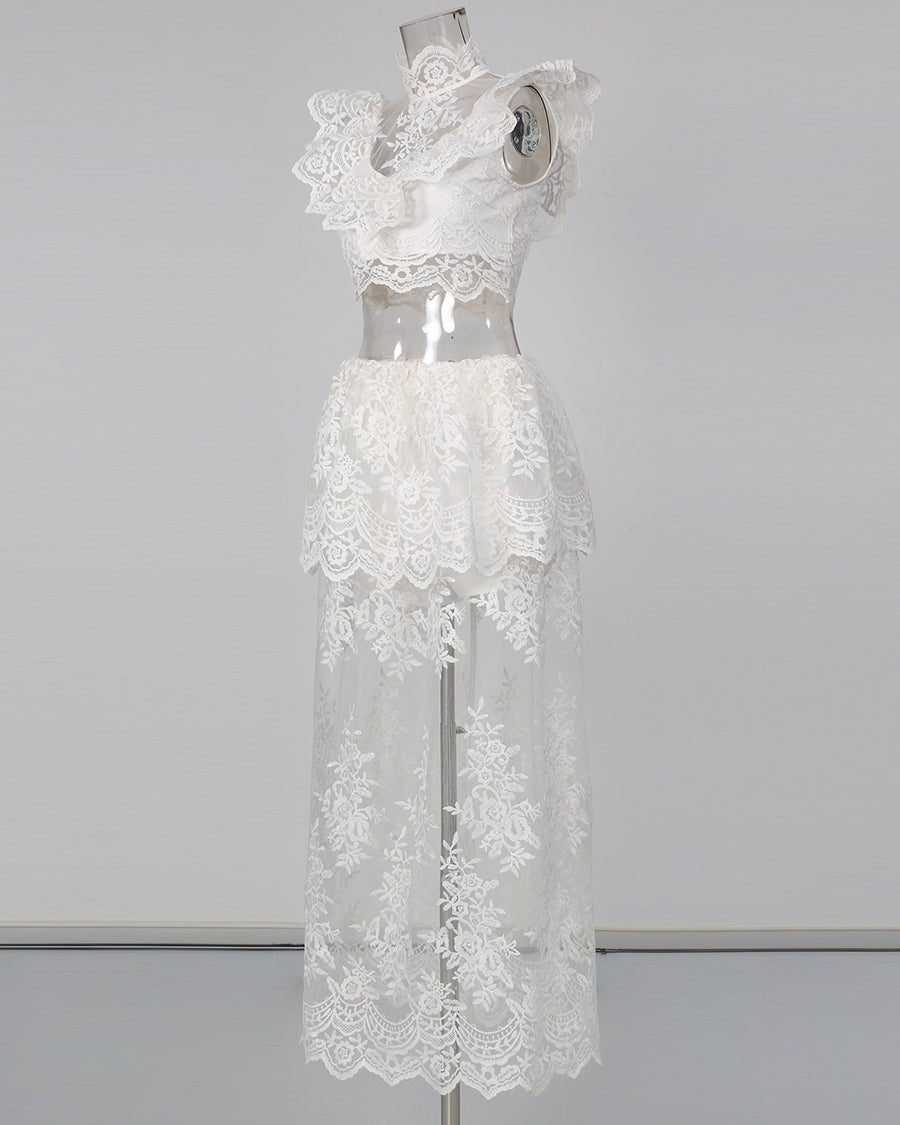 White High Neck Crop Top & Sheer Maxi Skirt Lace Set